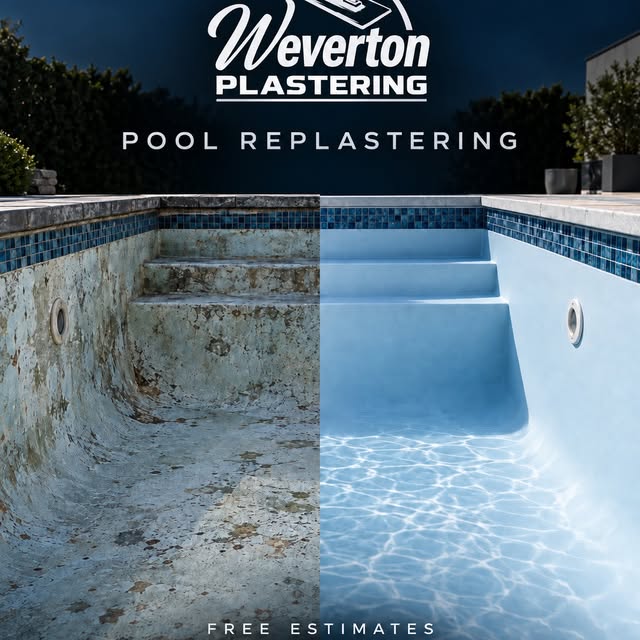 Pool replastering, worn surface before and new finish after